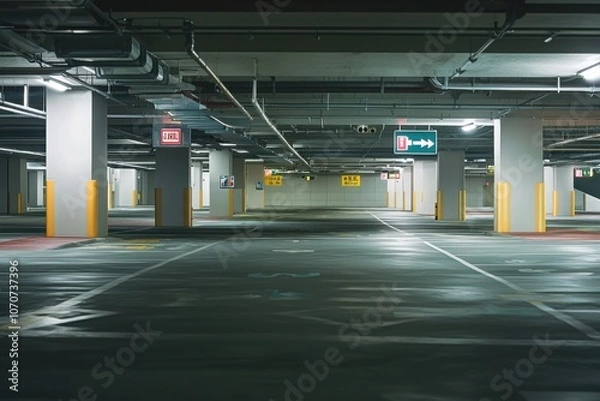 Fototapeta A spacious, dimly lit parking garage with empty parking spaces and directional signs.