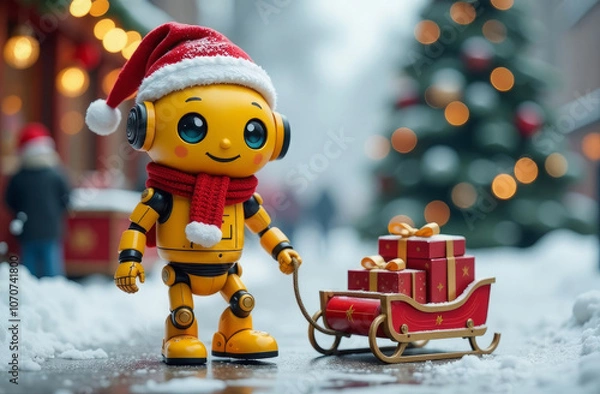 Obraz Cute robot dressed in Santa Claus hat and knitted scarf smiling, carrying a sled with Christmas gifts. Christmas fair atmosphere, street decorated for the holiday and Christmas tree in a blur
