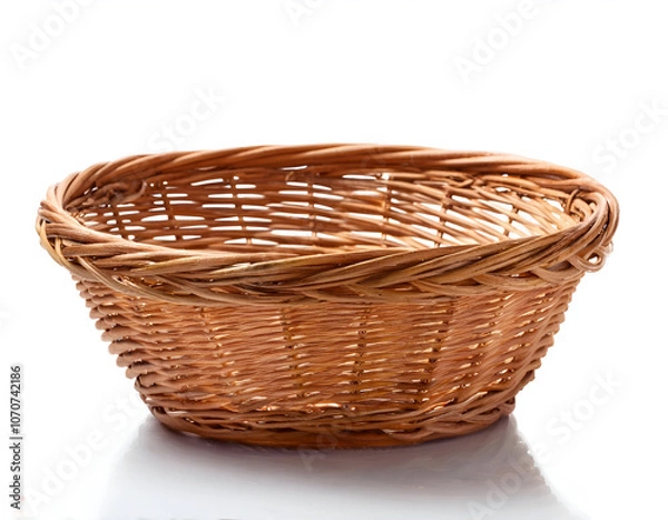 Fototapeta A close-up of an empty handcrafted woven basket set against a white background, highlighting its natural texture and traditional design. Ideal for storage, decoration, or gift presentation.