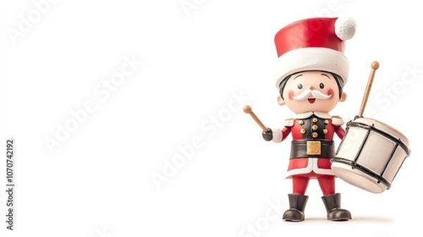 Fototapeta Toy soldier float with drum and holiday accents, isolated on white, classic holiday character, toy soldier float, Christmas parade