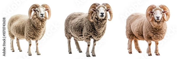 Fototapeta Set of Arles Merino Sheep Ram sheep isolated on a transparent background