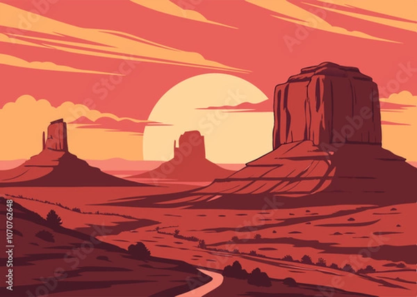 Fototapeta Sunset in the desert against a backdrop of cliffs. Wild west vector illustration