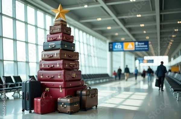 Fototapeta A beautiful Christmas tree made from suitcases of different sizes in the waiting room of an airport or railway station. Travel and holidays in winter for Christmas and New Year