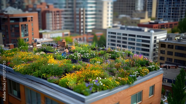 Fototapeta Urban Transformation: City-Dwellers Creating Vibrant Green Roofs on Apartments with Diverse Flora and Sustainable Practices