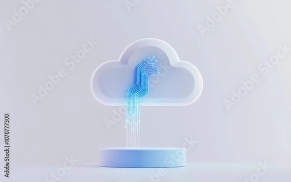 Fototapeta AI-powered cloud icon with blue circuit connections, minimal and modern design for machine learning and technology concepts, 3D illustration, isolated on white background