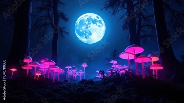 Fototapeta A surreal, fantasy-inspired forest background with vibrant bioluminescent mushrooms growing under a glowing canopy.