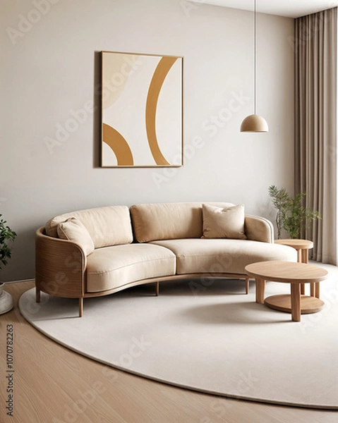 Fototapeta Stylish curved modern sofa in a minimalist living room setting with chic wooden side tables and soft rug with picture on the wall. Bege color