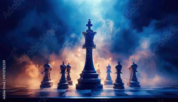 Fototapeta Silhouettes of chess pieces surrounded by curling smoke, evoking an atmosphere of strategy and contemplation. The smoke adds a sense of mystery, enhancing the intellectual challenge and tension
