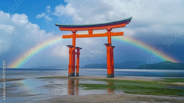 Fototapeta  red wooden japanese Torii Gate with rainbow	