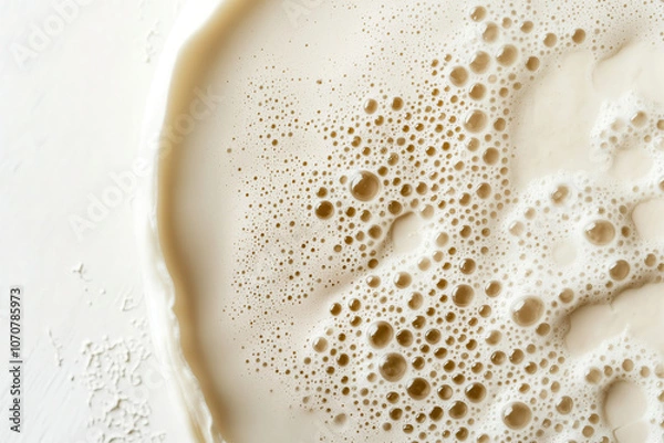 Fototapeta Bubbling yeast mixture for baking bread on a white countertop during the morning preparation. Generative AI