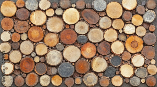Fototapeta Close-up of a log wall, showcasing natural wood textures and intricate grain patterns. Symbolizes resilience, history, and nature's beauty, reflecting strength and simplicity in earthy tones