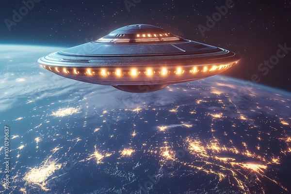 Obraz Unidentified Aerial Phenomenon Over Earth: An artist's rendition of a sleek, illuminated unidentified flying object hovering majestically over the vibrant, illuminated Earth.