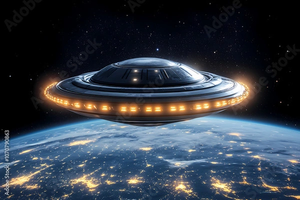 Obraz UFO Above Earth: A captivating depiction of a classic flying saucer hovering majestically above planet Earth. Illuminated with glowing lights.