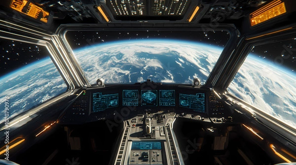 Fototapeta Futuristic Spaceship Interior with Detailed Instruments and Control Panels, Overlooking Planet Earth from Space