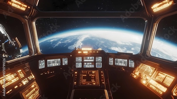 Obraz Futuristic Spaceship Interior with Detailed Instruments and Control Panels, Overlooking Planet Earth from Space
