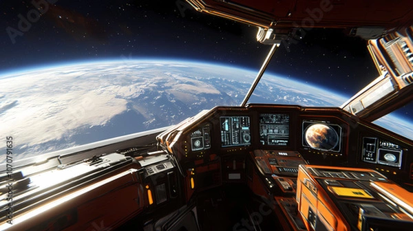 Obraz Sleek Spaceship Cockpit with Ultra-Realistic Detailing and a Stunning Earth View Through the Front Window