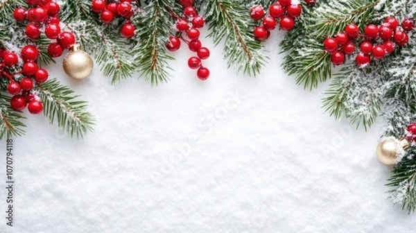 Fototapeta Christmas decor flat lay border with fir branches, red berries, and snow, classic holiday style on white.