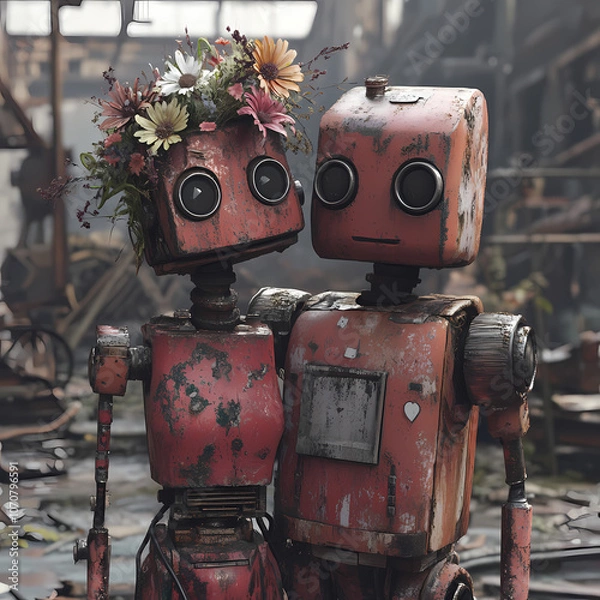 Obraz Robotic Romance: Two vintage robots share a tender moment amidst the remnants of an industrial landscape, one adorned with a floral crown, creating a charming juxtaposition of technology and nature.