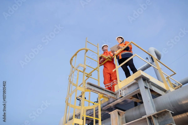 Fototapeta Group of petroleum engineers having a discussion at the site