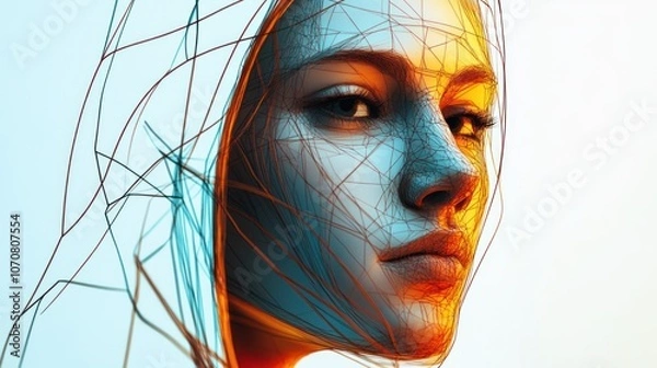 Fototapeta Minimalist abstract face of person in hoodie, featuring geometric lines and color on white.