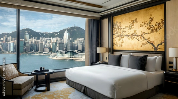 Fototapeta A luxurious hotel room with a king-size bed, a large window with a stunning view of the city skyline and harbor, and a comfortable armchair.