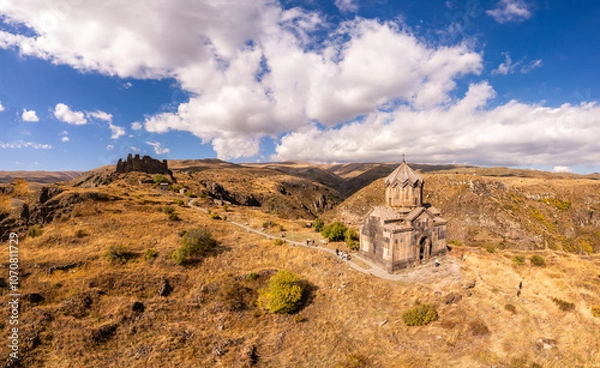 Fototapeta Aerial view of ancient destroyed fortress of Amberd and Vahramashen Church on Mount Aragats on sunny day. Popular tourist and historical attraction and landmark. Aragatsotn Province, Armenia. Europe.