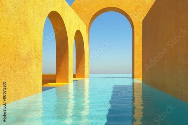 Fototapeta Vibrant yellow archways elegantly framing a tranquil reflective pool under soft natural light, blending bold architectural design with serene ambiance and minimalistic beauty