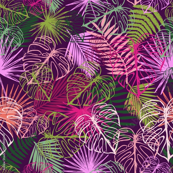 Fototapeta tropical seamless pattern of palm and monstera leaf outlines overlapping each other