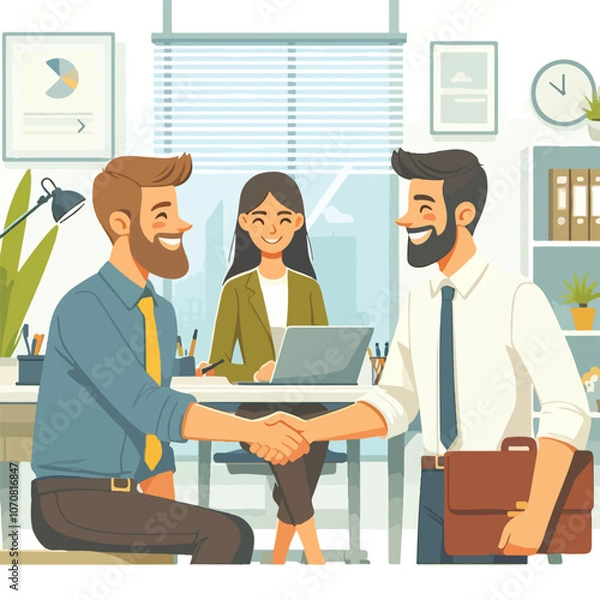 Fototapeta People shaking hands at work - Two businesspeople, man and woman doing handshake in office at work while smiling over business agreement and deal. Flat design stock illustration on white background
