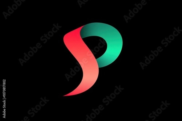 Fototapeta Vibrant Abstract Geometric Letter P with Smooth Curves in Bright Gradient Colors on Black Background