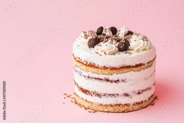 Fototapeta Layered Cake with Whipped Cream and Chocolate Chips on Pink Background Representing Sweet Dessert Indulgence, Celebration, and Bakery Design Concept