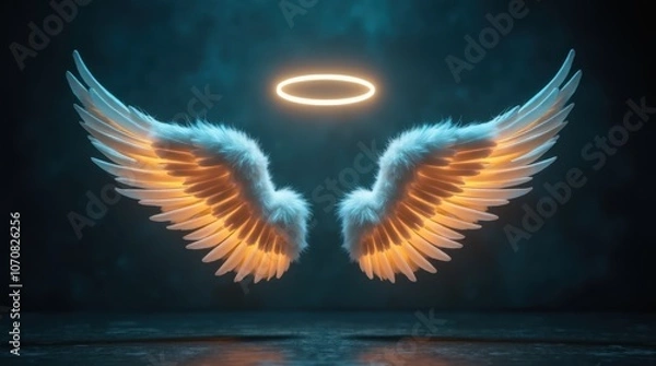Fototapeta A photo spot with glowing angel wings and a halo suspended in front of a dark wall
