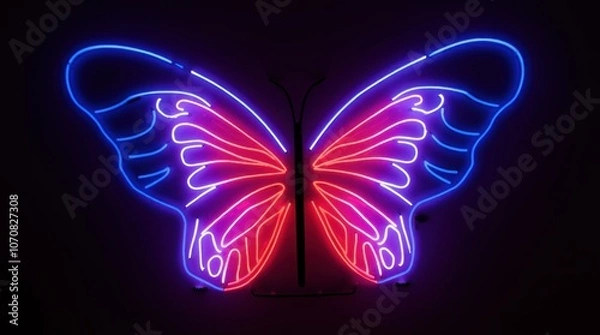 Fototapeta A neon installation with large illuminated butterfly wings on a dark background.
