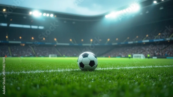 Fototapeta A soccer ball lies on a lush green field of a packed stadium under bright floodlights, in the rain