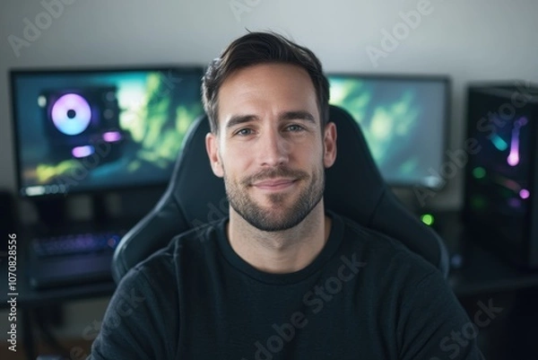 Fototapeta A young man with a beard smiles while sitting in a gaming chair in front of dual computer monitors. The background features a modern gaming setup with colorful lighting