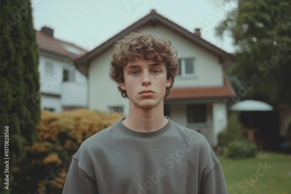 Fototapeta A young man with curly hair stands in front of a modern house, looking serious. The background features greenery and a well-kept garden, creating a serene atmosphere