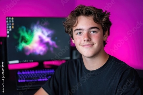 Fototapeta A young male teenager gamer with wavy hair smiles at the camera, sitting in front of a gaming computer setup with a colorful, illuminated room background and a neon keyboard