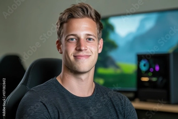 Fototapeta A young man with short hair smiling, sitting in front of a computer setup with a colorful screen background