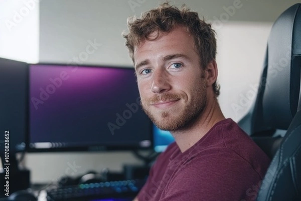 Fototapeta A young man with curly hair and a beard smiles while sitting in a gaming chair in front of dual computer monitors. The setting is modern and tech-oriented, suggesting a gaming or creative workspace