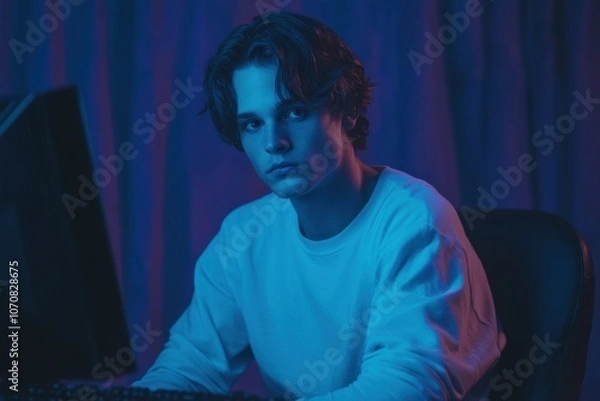 Fototapeta A young man with tousled hair sits in front of a computer, illuminated by blue and purple lighting. He has a serious expression, wearing a white long-sleeve shirt, creating a moody atmosphere