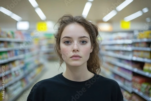 Fototapeta A young woman with long hair stands in the aisle of a grocery store, looking directly at the camera. The background is blurred, showing shelves stocked with various products