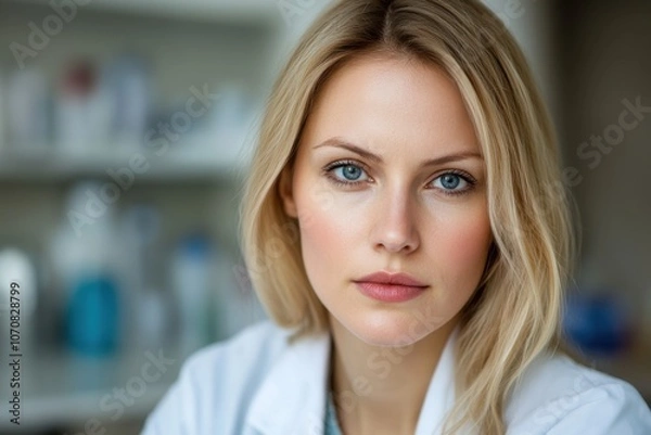 Fototapeta A close-up portrait of a young woman with blonde hair and blue eyes, wearing a white lab coat. She has a serious look and is in a clinical setting with blurred medical equipment in the background