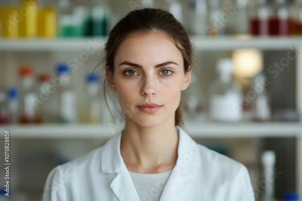Fototapeta A young female scientist in a lab coat stands in a laboratory with shelves of chemical bottles in the background 