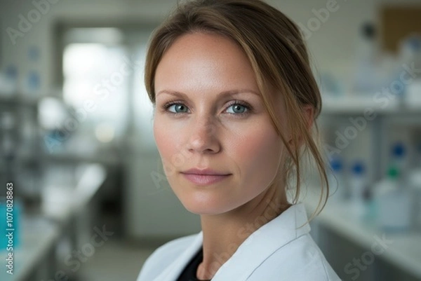 Fototapeta A confident female scientist in a lab coat stands in a laboratory setting, with shelves of equipment and bottles in the background. She has a focused expression, embodying professionalism  