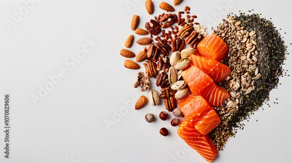 Fototapeta dietary products in the shape of a heart on a light background copy space, diet banner with space for text