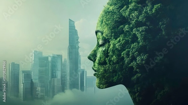 Fototapeta Sustainable environment concept. The image depicts human thinking towards preserving nature, reducing carbon footprint and building sustainable urban community for green future.
