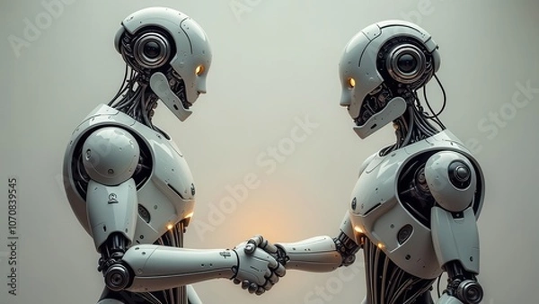Fototapeta Two human-like robots shake hands