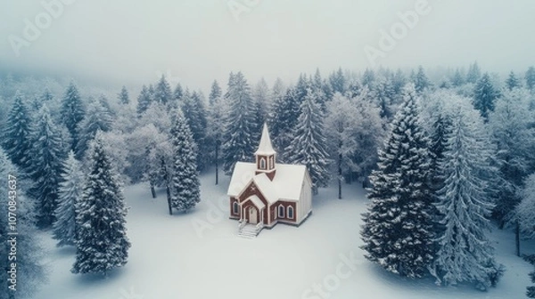 Obraz Charming country church nestled among snow-laden trees, roof dusted with snow, evoking a peaceful winter holiday feel, with space for greeting text.