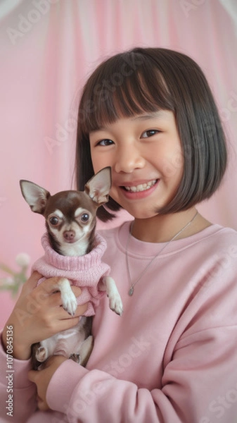 Fototapeta A young Asian girl joyfully holds her Chihuahua in a cozy setting, both adorned in pastel pink. The atmosphere is warm and affectionate.