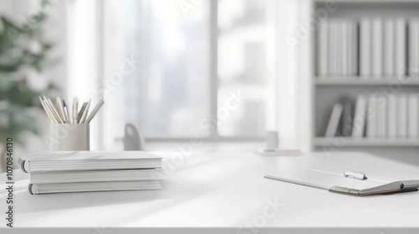 Fototapeta white table with books, stationery and copy space in blurred study room
